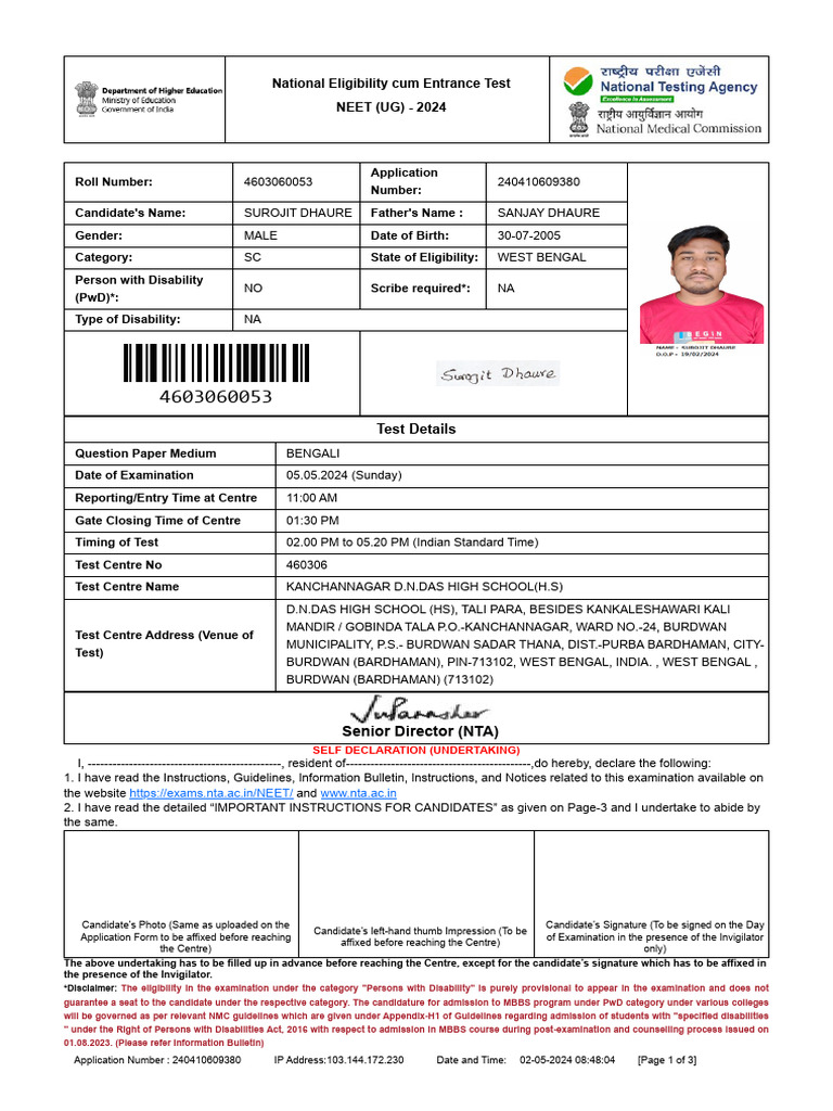 NEET UG 2024 Admit Card Details | PDF | Identity Document