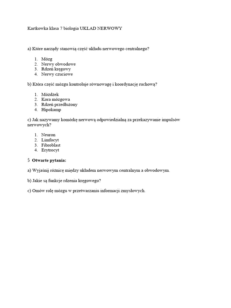Kartkówka Biologia Kl. 7 Układ Nerwowy | PDF