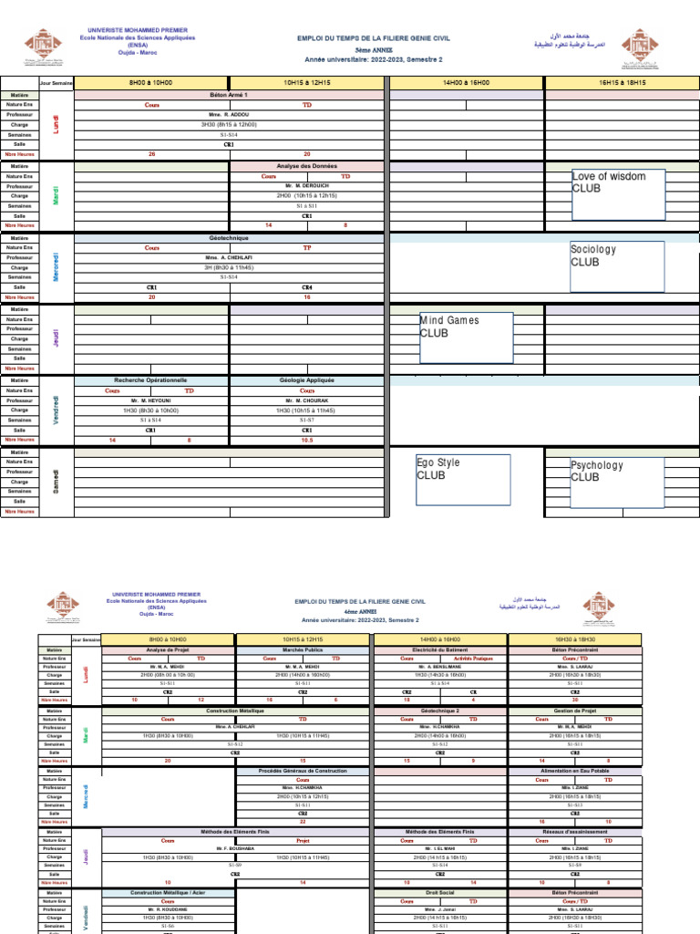 Emploi du Temps ENSA Oujda 2022-2023 | PDF | Ingénierie civile