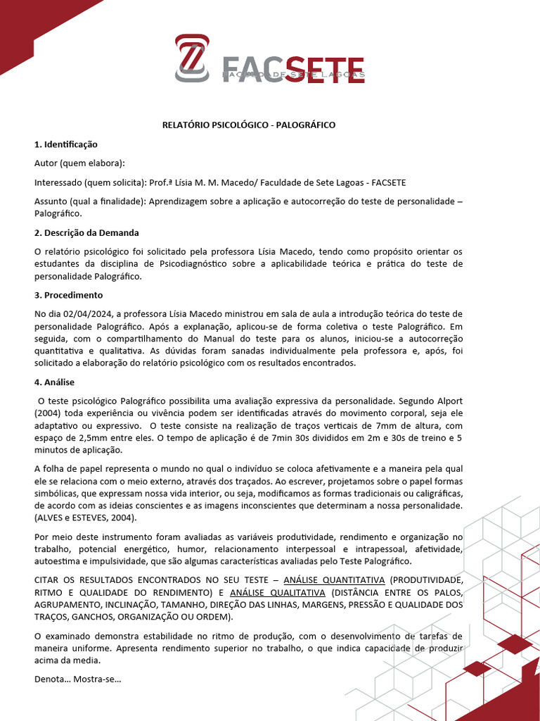 Modelo De Laudo Teste Palografico/modelo De Laudo Psicanalitico