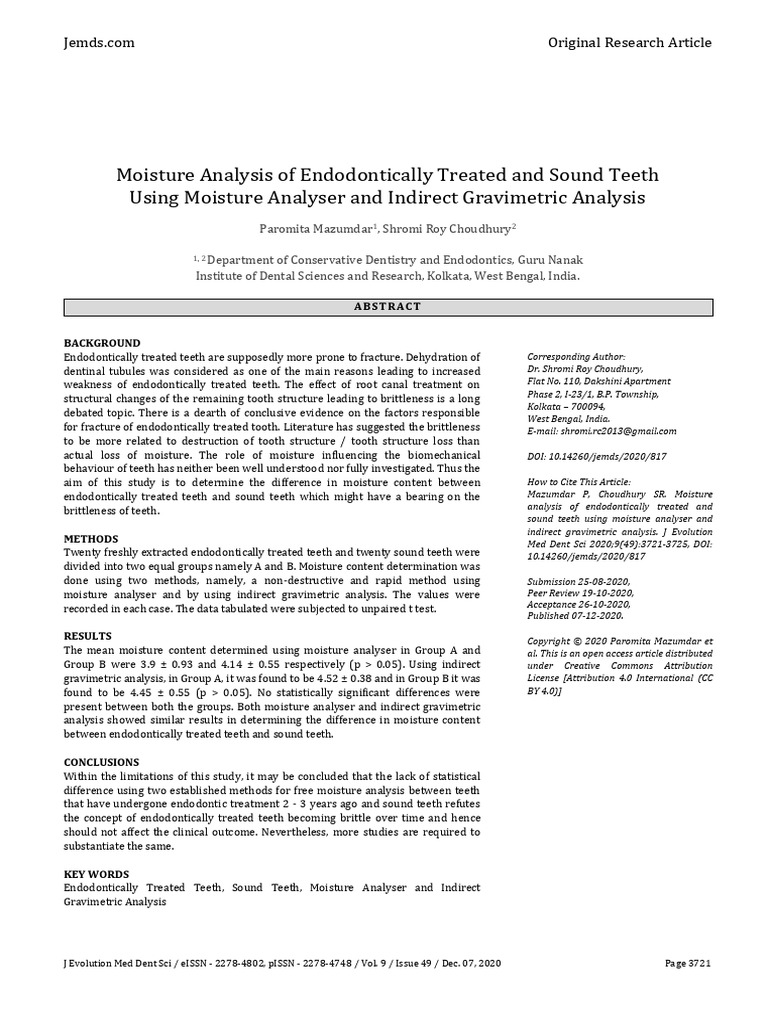 Moisture Analysis of Endodontically Treated and Sound Teeth Using