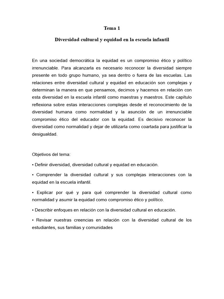 Tema 1 - Diversidad Cultural y Equidad en La Escuela Infantil | PDF ...
