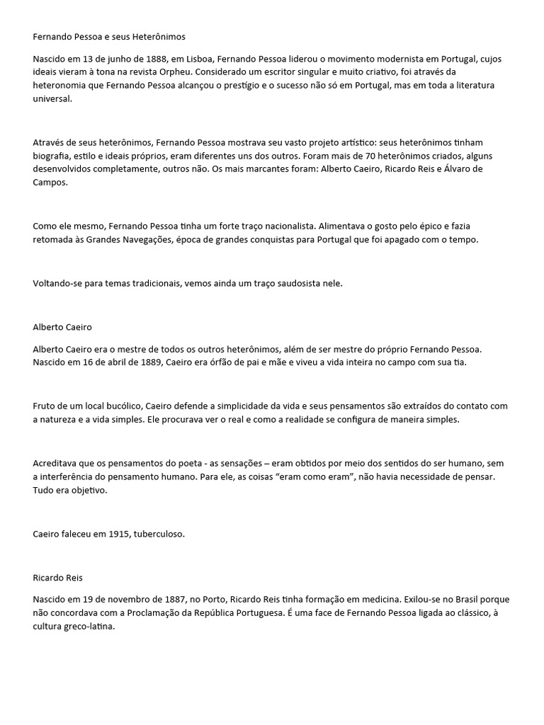 Heterônimos de Fernando Pessoa | PDF