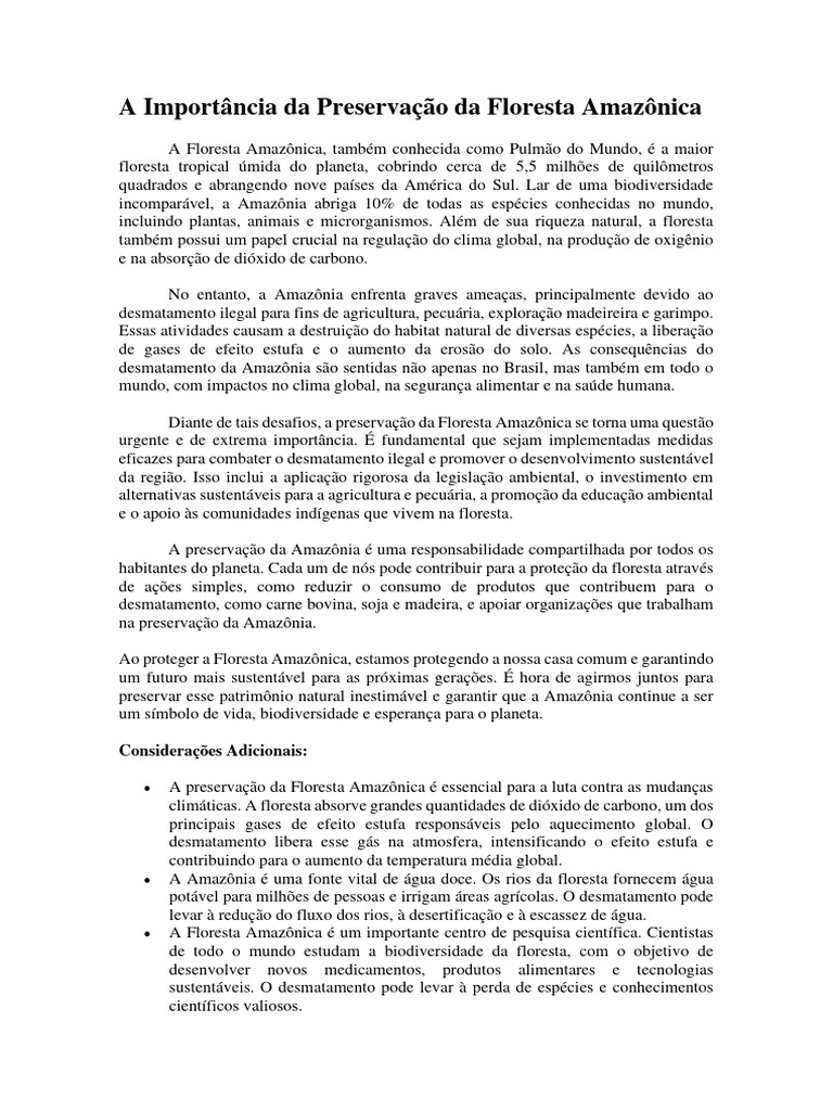 Preservação da Floresta Amazônica | PDF | Floresta Amazônica | Desmatamento