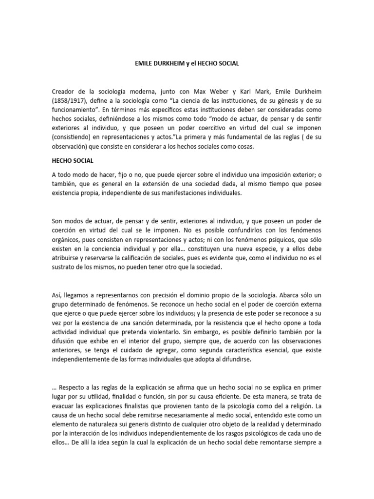 EMILE DURKHEIM y El HECHO SOCIAL | PDF | Emile Durkheim | Sociedad