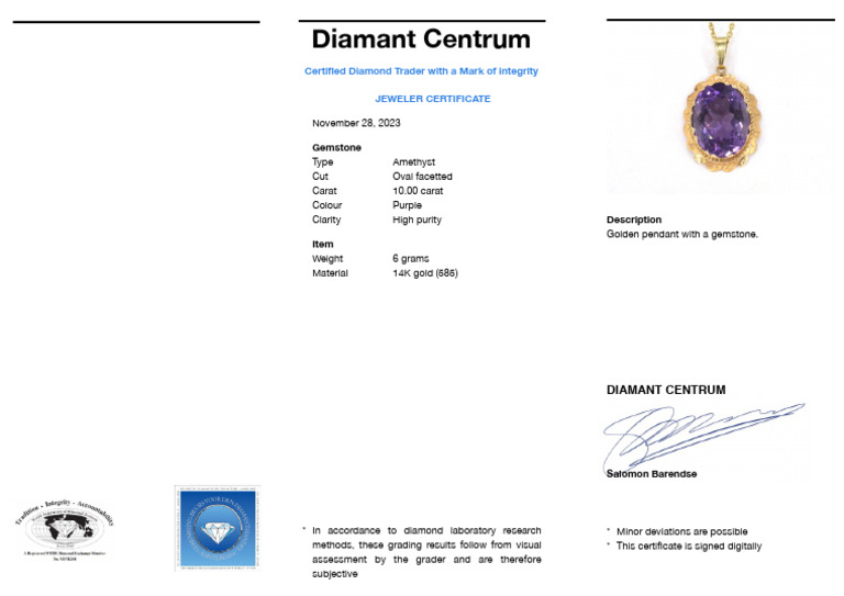 Certified Amethyst Pendant Details | PDF