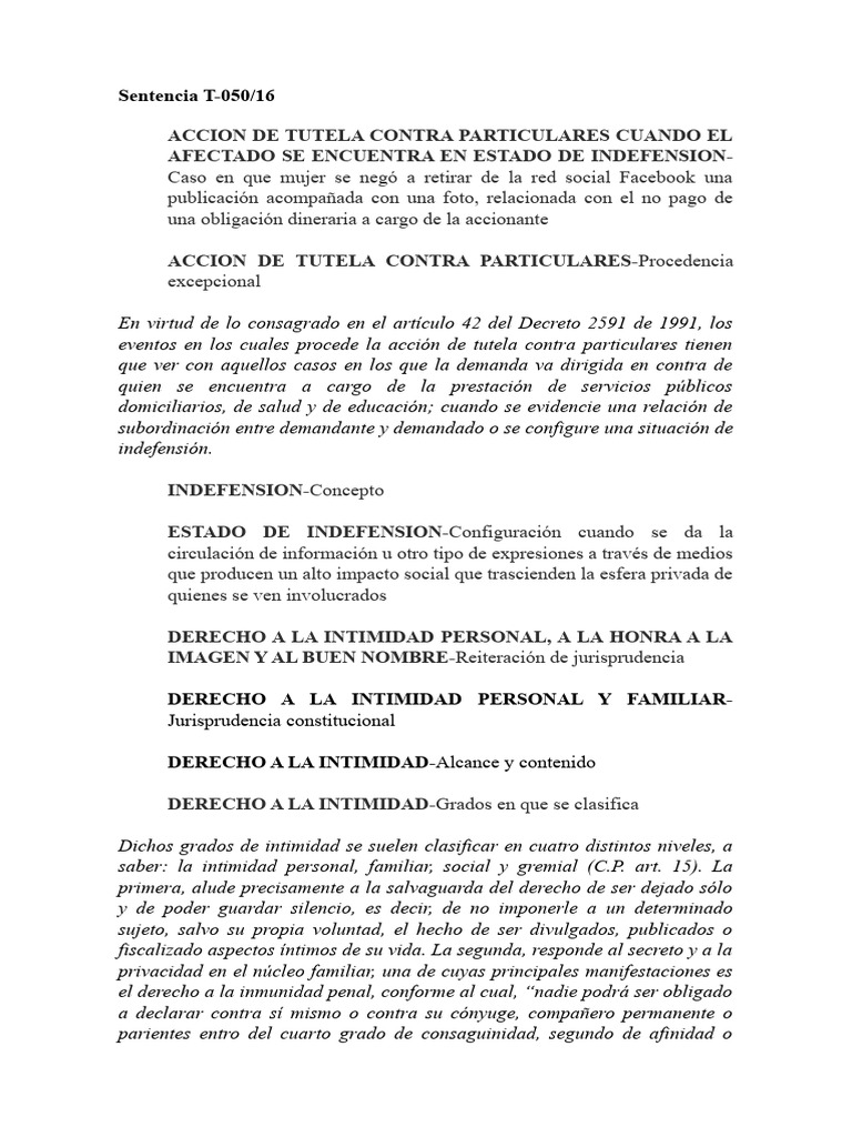 Sentencia T-050/16: Jurisprudencia Constitucional | PDF | Libertad de