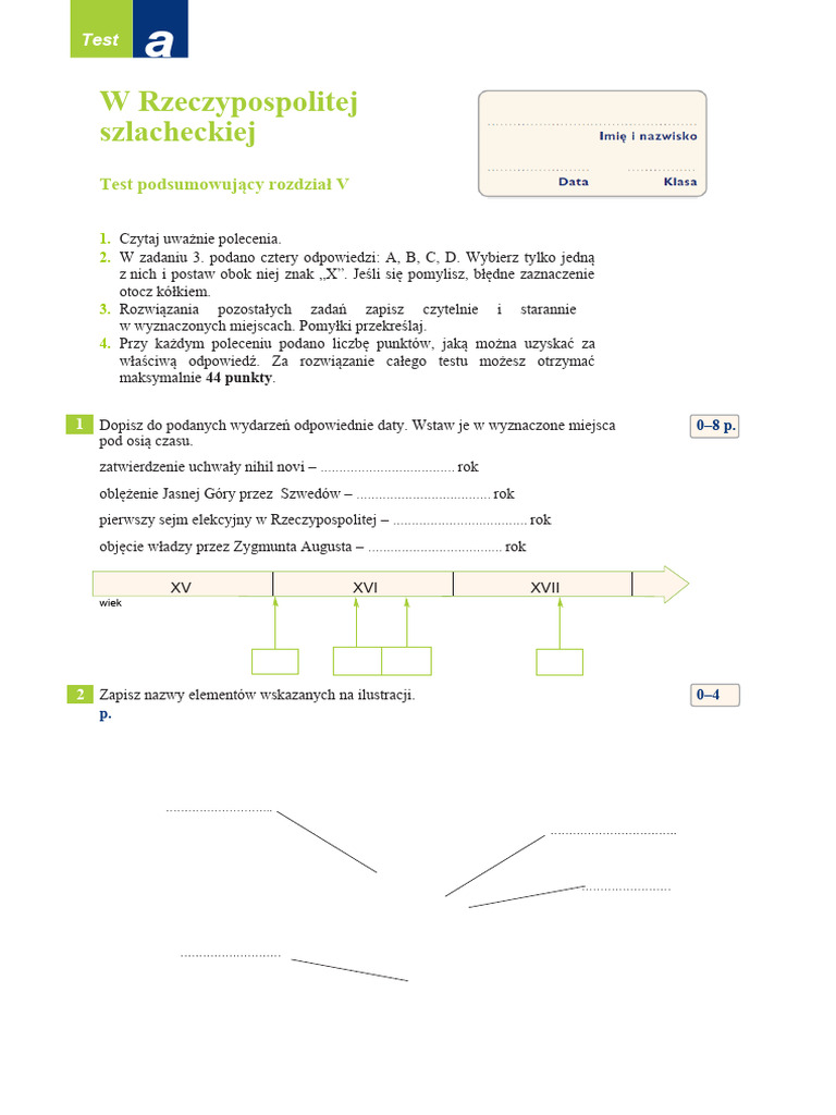 Rzeczpospolita Szlachecka Sprawdzian Klasa 6 W Rzeczypospolitej Szlacheckiej: Test Podsumowujący Rozdział V | PDF