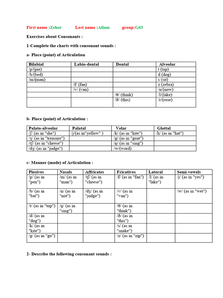 Consonant Sounds and Articulation Exercises | PDF | Phonetics | Human Voice
