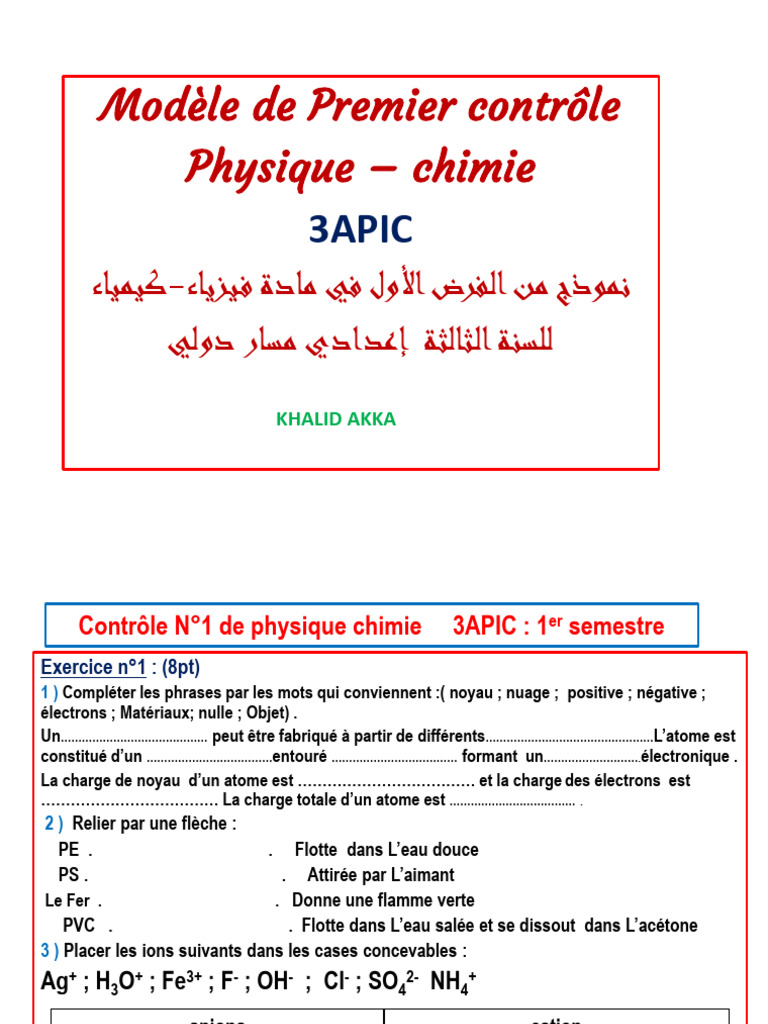 Contrôle de Physique-Chimie 3APIC | PDF | Ion | Atomes