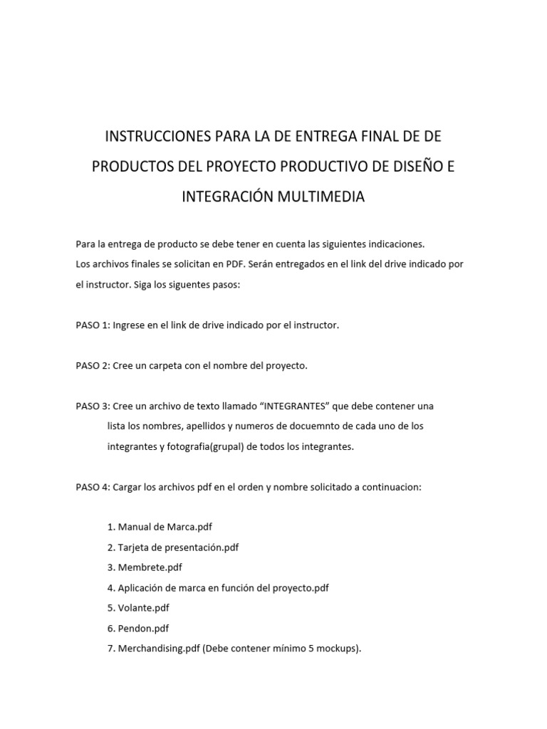 Instrucciones para La de Entrega Final de de Productos Del Proyecto ...