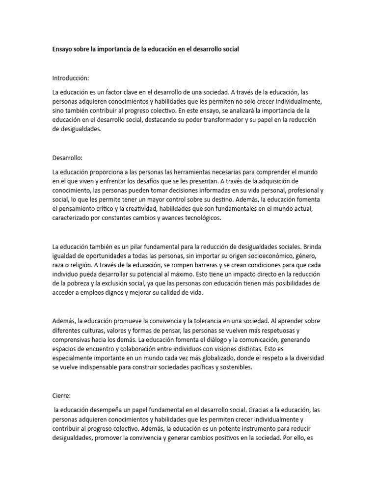 Importancia de la educación en el desarrollo social | PDF | Sociedad ...