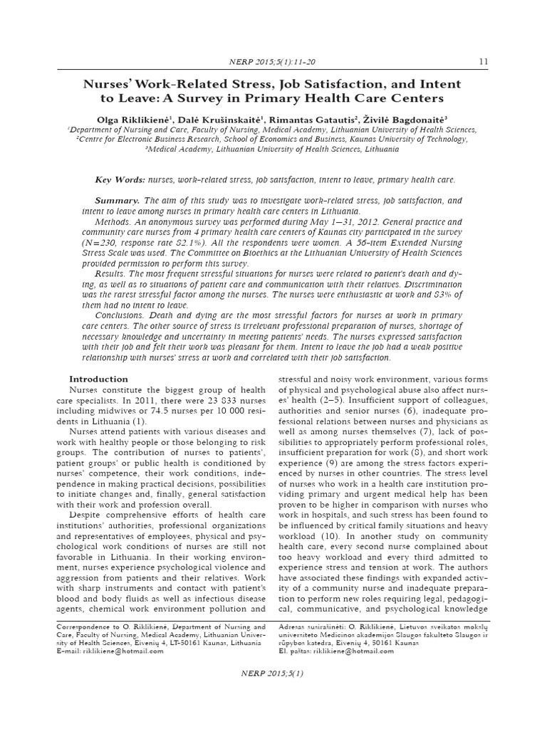Nurses' Stress and Job Satisfaction Survey | PDF | Nursing | Stress ...