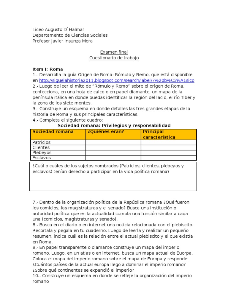 Examen Final de Ciencias Sociales: Roma | PDF | imperio Romano | Baja ...