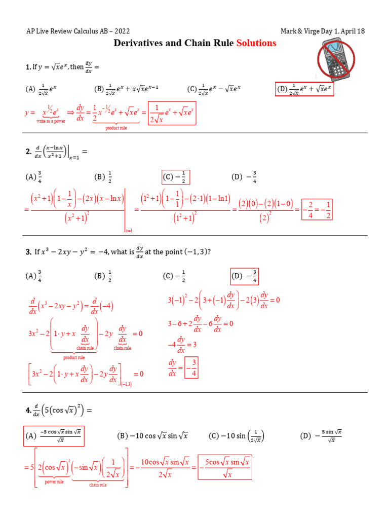 AP Calculus AB 2022 Derivatives Review | PDF | Slope | Function ...