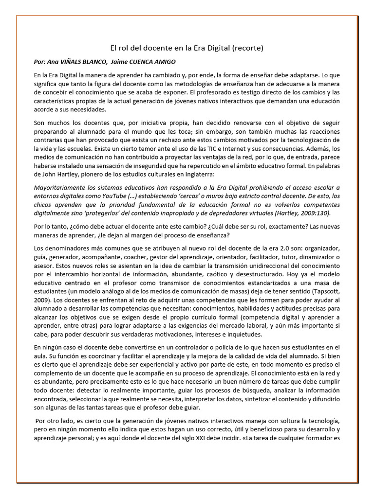 El Rol Del Docente en La Era Digital | PDF | Maestros | Aprendizaje