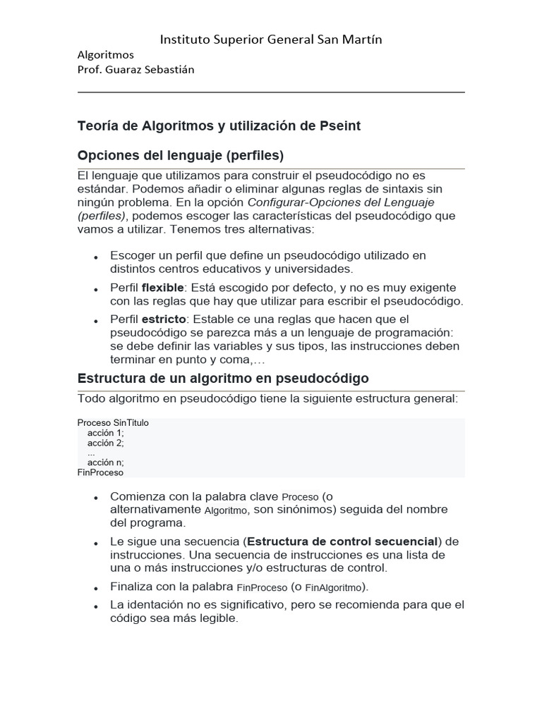 Estructura y Variables en Pseint | PDF | Algoritmos | Lenguaje de ...