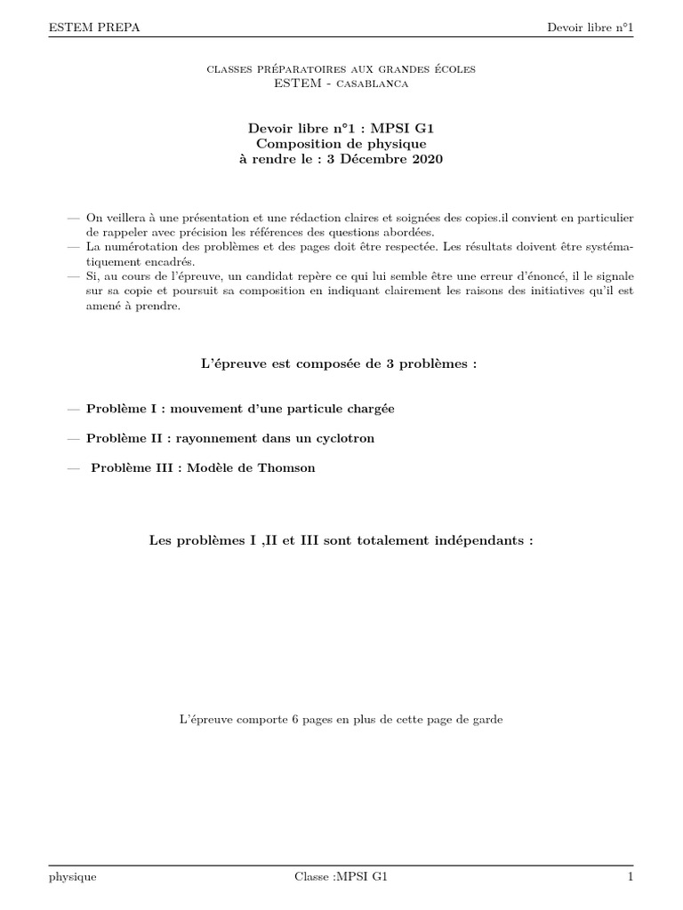 Devoir de Physique MPSI G1 - ESTEM | PDF | Relativité restreinte | Électron