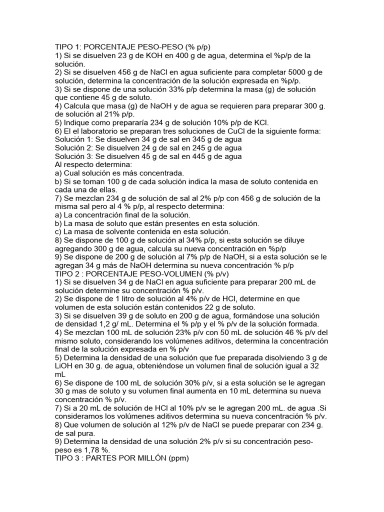 Ejercicios para Resolver | PDF | Concentración | Química