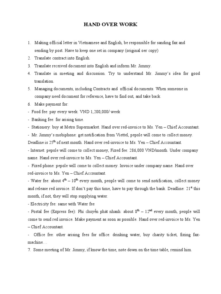 Hand Over Work | PDF | Finance & Money Management