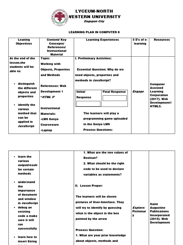 JavaScript Objects and Methods Lesson Plan | PDF | World Wide Web ...