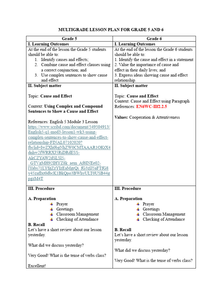 Multigrade Lesson Plan For Grade 5 and 6 | PDF | Sentence (Linguistics ...