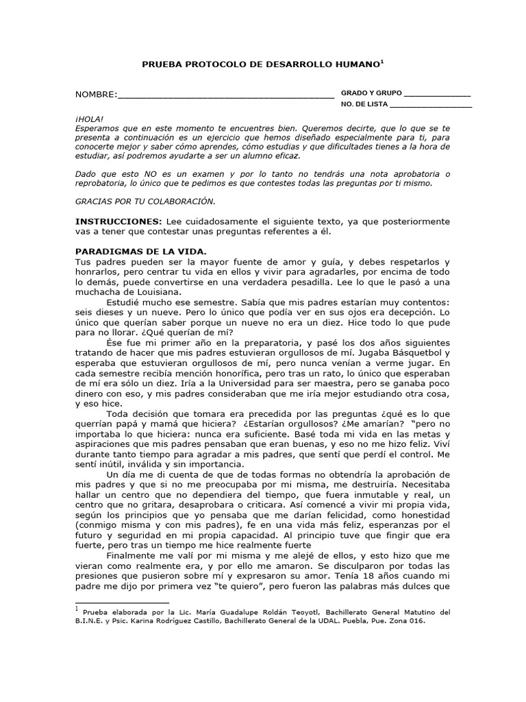 Prueba Protocolo de Desarrollo Humano | PDF | Cognición | Sicología