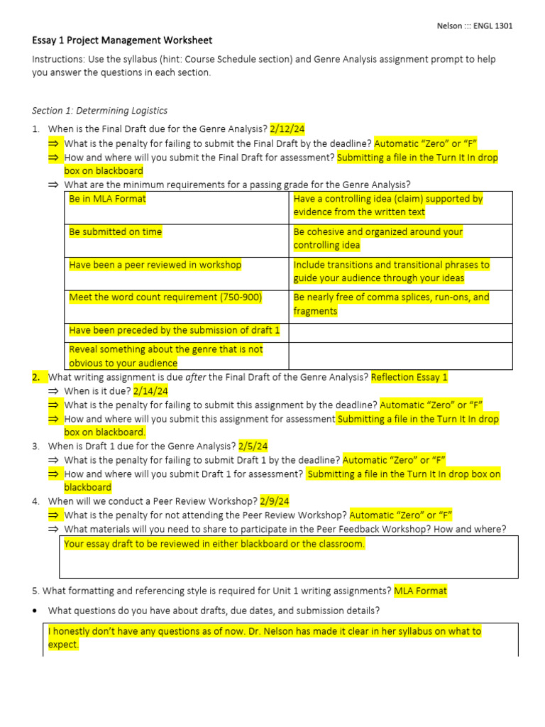 Essay 1 Project Worksheet 1301 1 | PDF | Essays | Peer Review