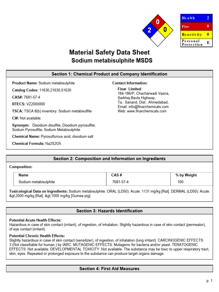 Sodium Metabisulphite | PDF | Toxicity | Water