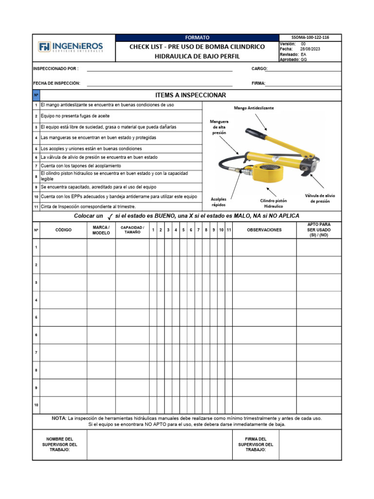 Checklist Inspección Bomba Hidráulica | PDF | Ingeniería mecánica | Motores