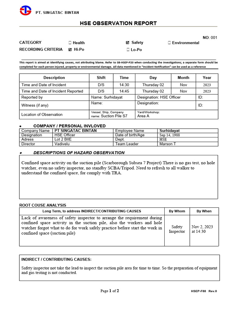 HSE Observation Report: Confined Space Safety | PDF | Hazards | Labor ...
