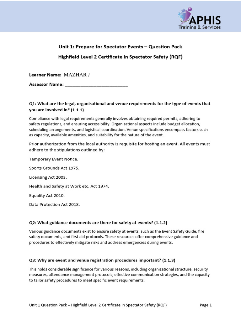 Highfield Level 2 Spectator Safety Q&A | PDF | Hazards | Safety