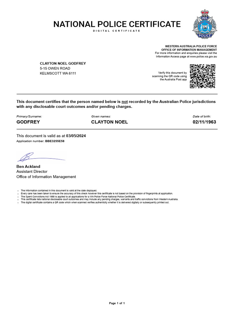 National Police Certificate for Clayton Godfrey | PDF | Qr Code