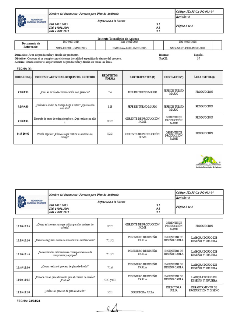 Formato Plan de Auditoría ISO 9001 | PDF | Contralor | Auditoría