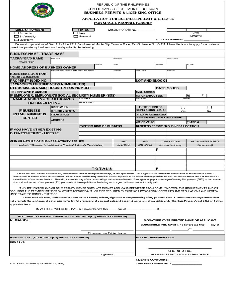 Application For Business Permit and License For Single Proprietorship ...