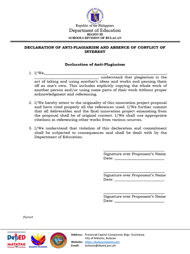 FORM 4 Declaration of Anti Plagiarism | PDF