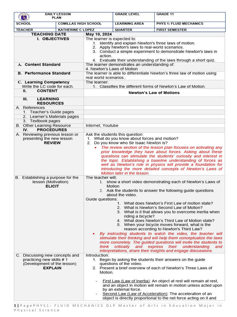 Newton's Laws of Motion Lesson Plan | PDF | Force | Newton's Laws Of Motion