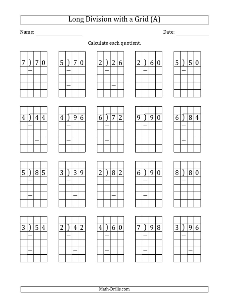 Division long grid 1digit divisor 2digit dividend prompts no remainders
