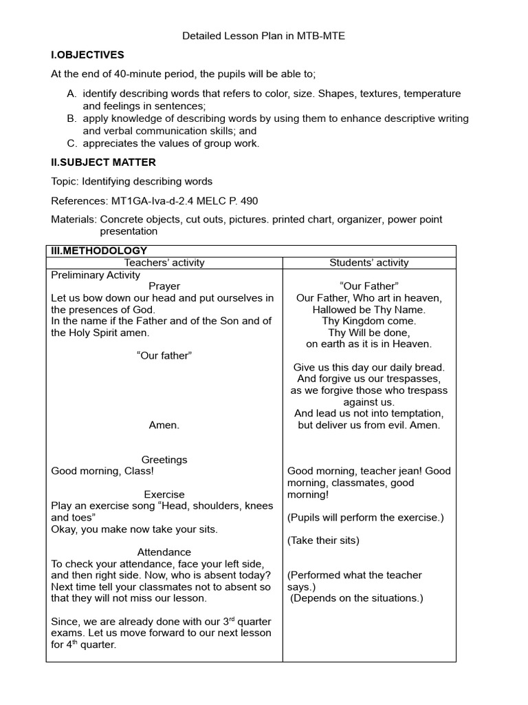 Detailed Lesson Plan in MTB-1-2 | Download Free PDF | Lord's Prayer ...