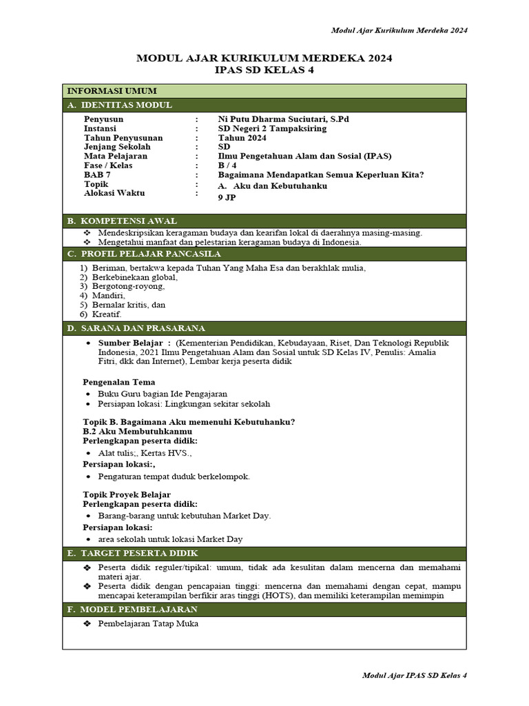 Modul Ajar IPAS Kelas 4 2024 | PDF | Karier & Perkembangan