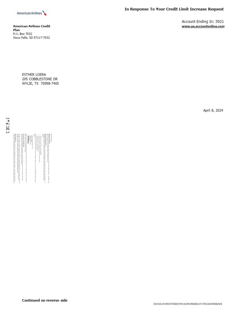 P.O. Box 7032 Sioux Falls, SD 571177032 American Airlines Credit Plan