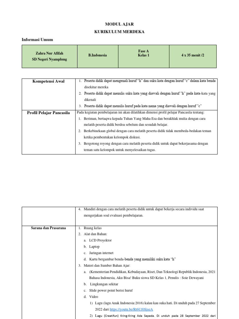 Modul Ajar Bahasa Indonesia Kelas 1 SD | PDF