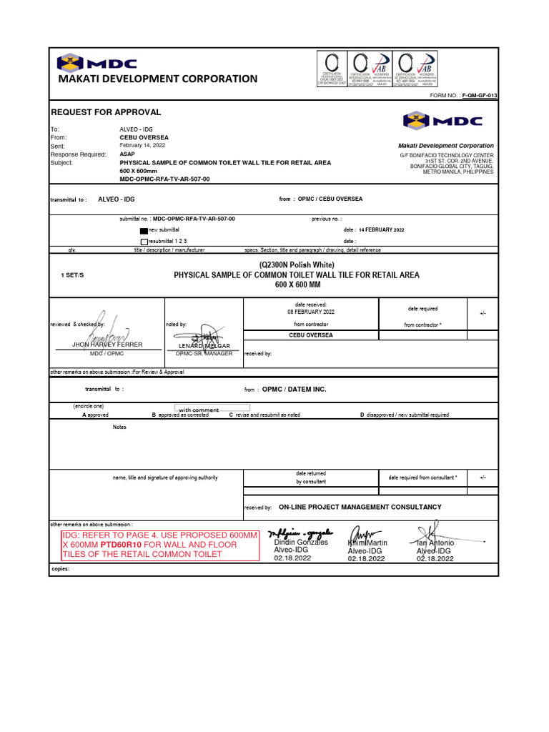 Toilet Tile Sample Approval Request | PDF