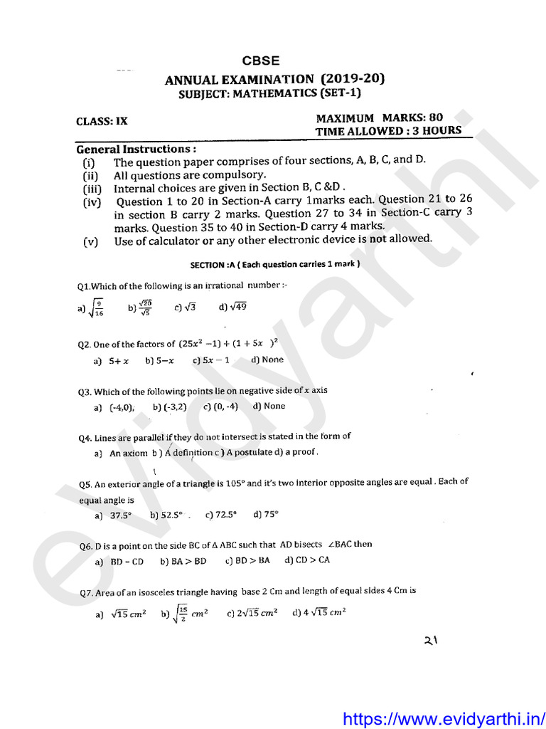 Cbse Class 9 Maths Previous Year Paper 2019 20 Set 1 PDF