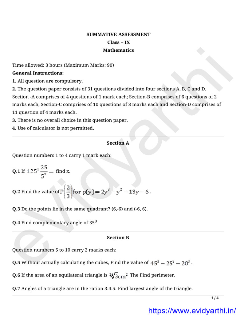 cbseclass9mathspreviousyearpaper2020 PDF Triangle Triangle