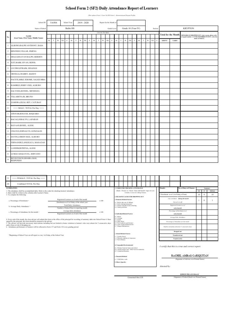 Grade 10 Attendance Report SF2 | PDF | Family | Human Development