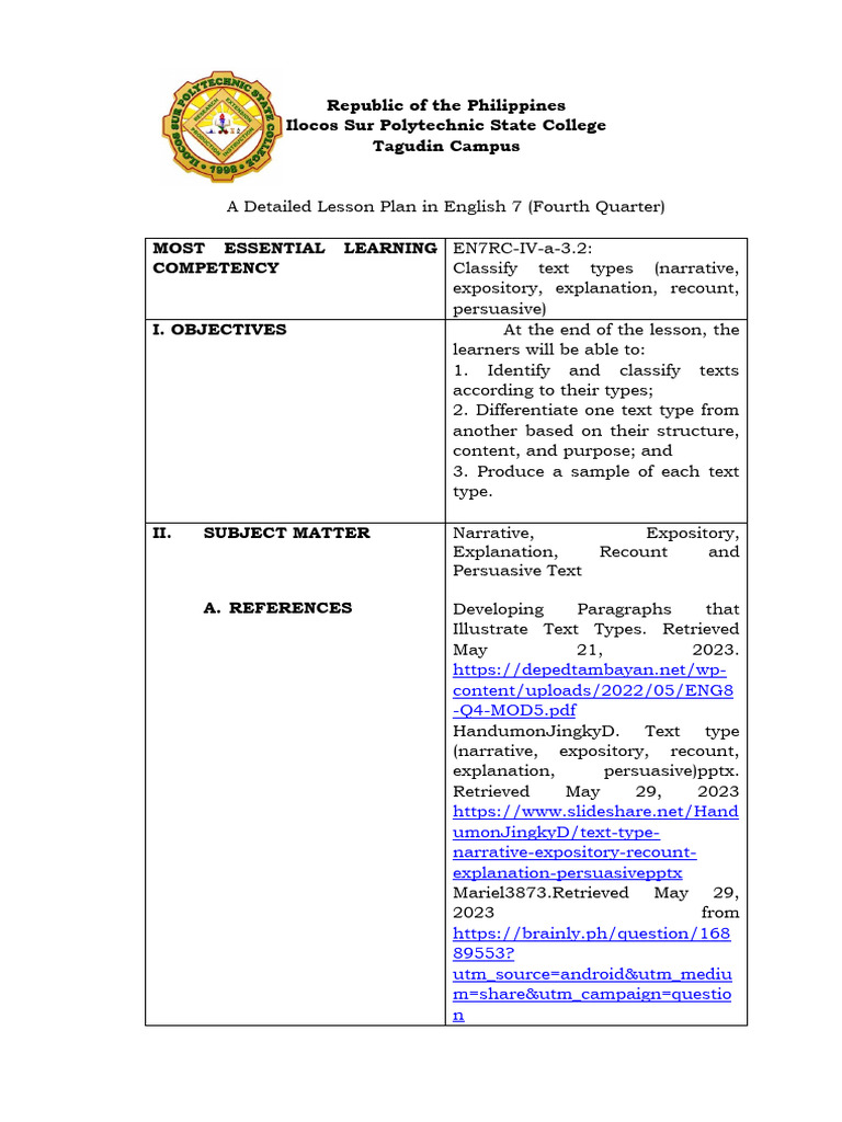 Grade 7 Literary Text Lesson Plan | PDF | Narrative | Second Language