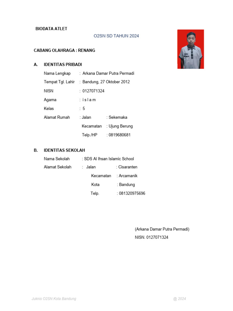 Biodata Atlet O2SN 2024 Bandung | PDF