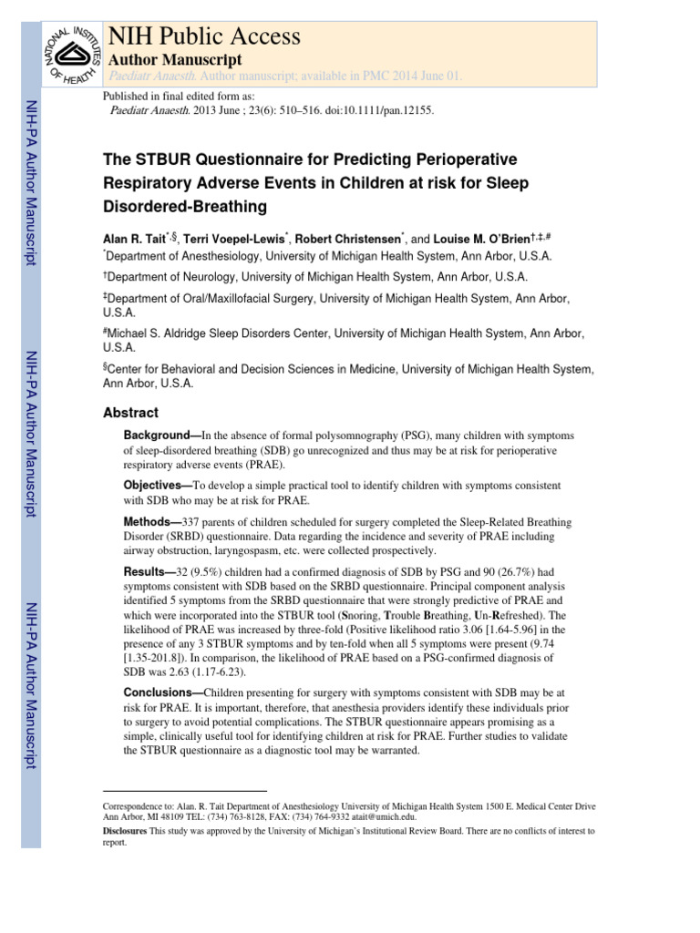 STBUR Tool for Pediatric SDB Risk Assessment | PDF | Sleep Apnea ...