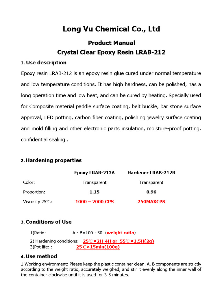 Crystal Clear Epoxy Resin LRAB-212 Manual | PDF | Epoxy | Adhesive